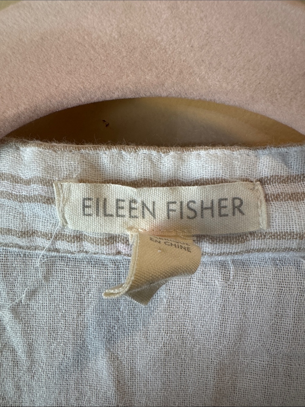 Eileen Fisher White Button-Down Tunic with Tan Stripes - Picture 2 of 7